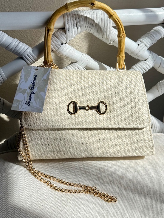Tommy Bahama Handbags - Tommy Bahama Woven Straw Natural Bag Bamboo Handle Gold Chain NWT